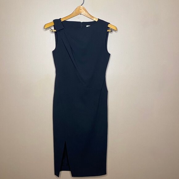 Sophisticated Black Calvin Klein Women’s Sleeveless Front Slit Knee Length Dress - Picture 1 of 13